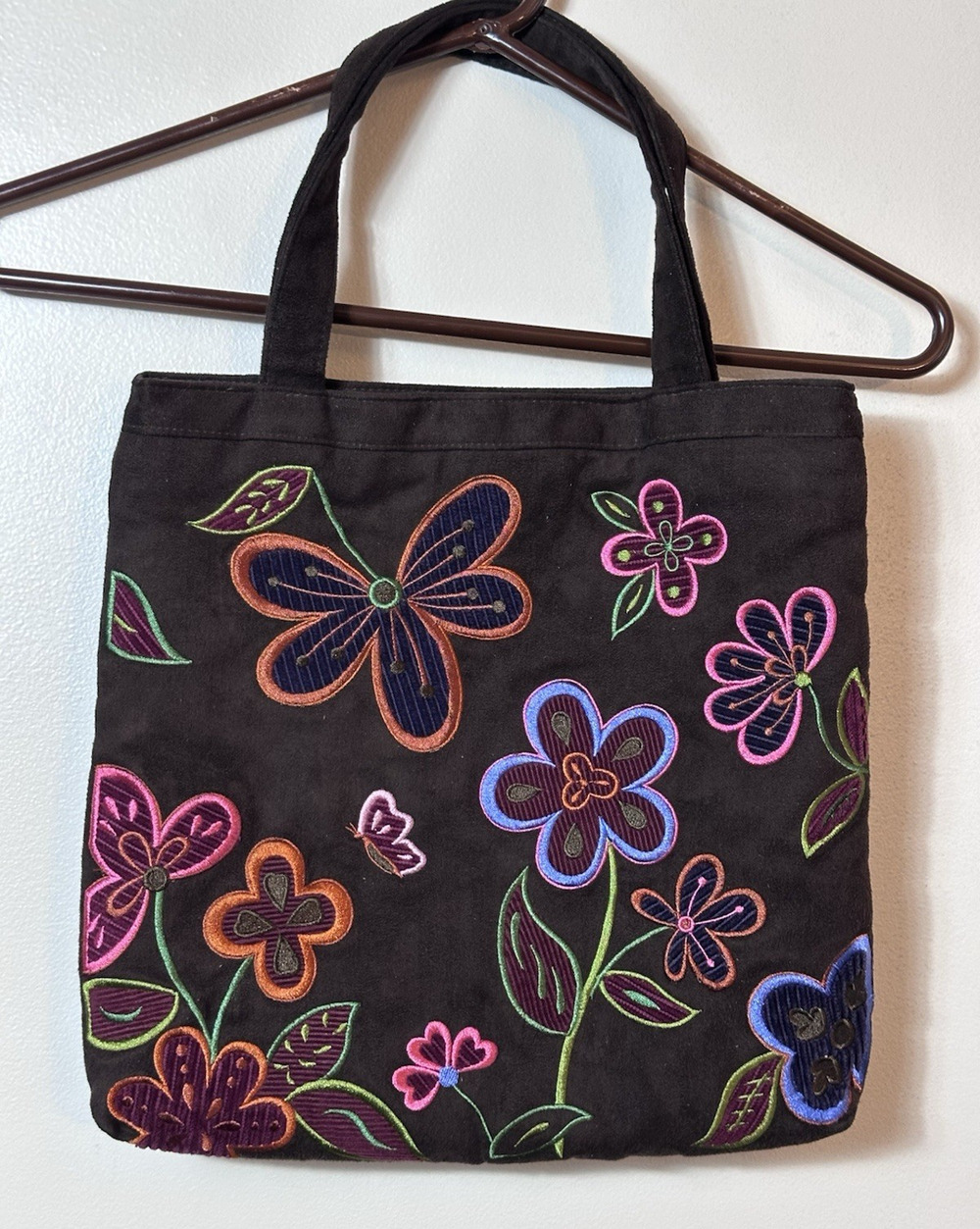 Brown‎ Embroidered Floral Flower Tote Bag Womens Small Shoulder Purse Boho 70s